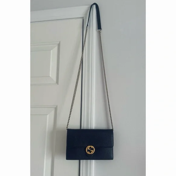 Authentic Gucci Dollar GG Interlocking Black Leather Chain Crossbody Clutch Bag - Picture 10 of 11